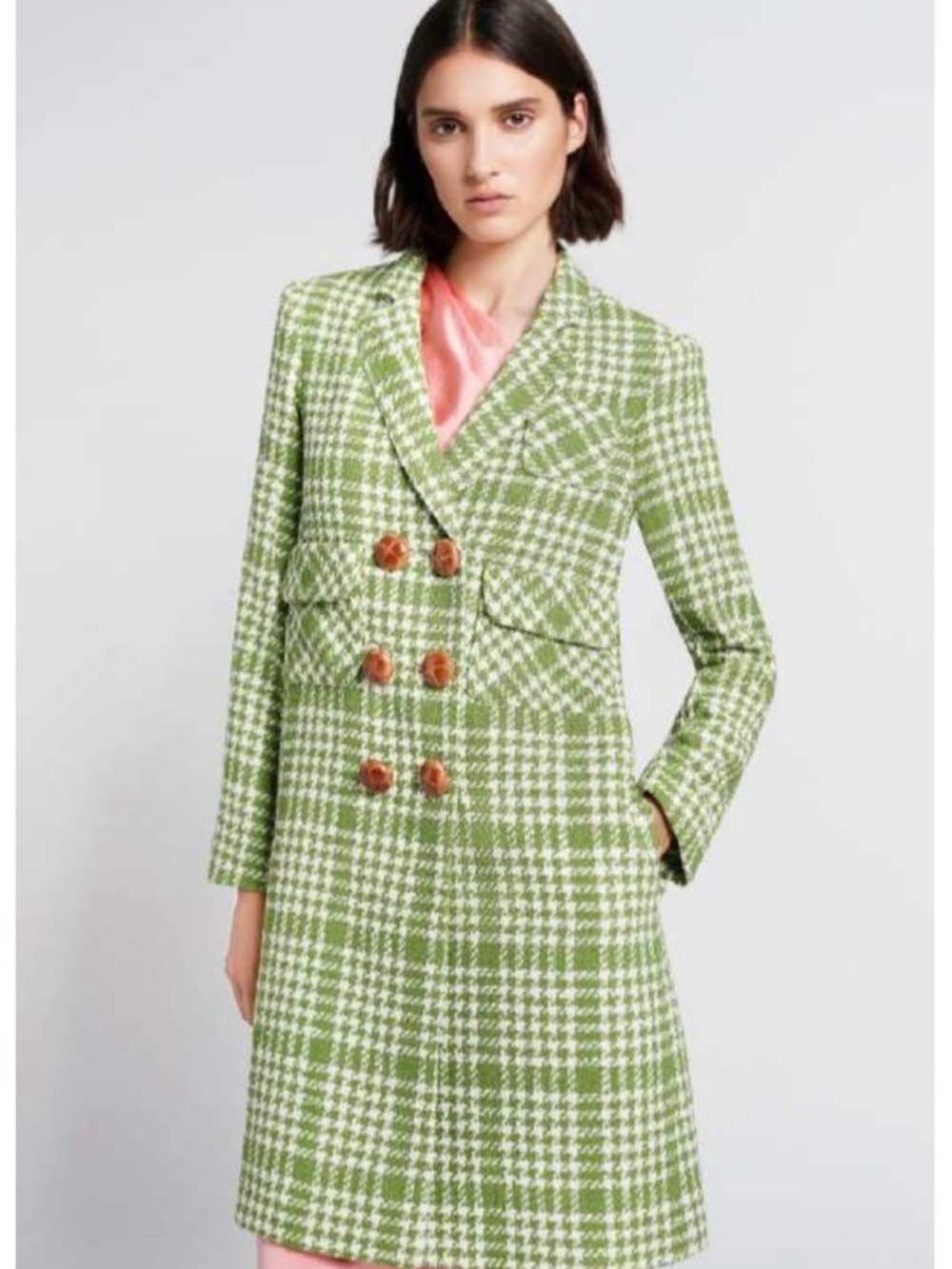 Smythe Green and White Plaid Double-Breasted Pea Coat